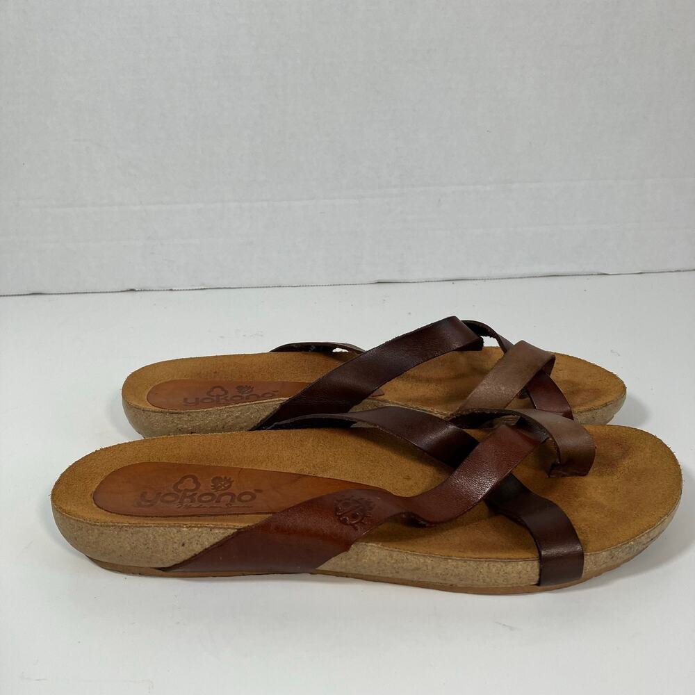 Yokono Sz 6 Brown Leather Comfort Sandals Toe Ring Cross Strap - Picture 7 of 16